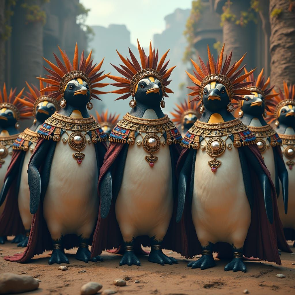 Emperor Penguins as Aztec Emperors in Hyperreal Detail