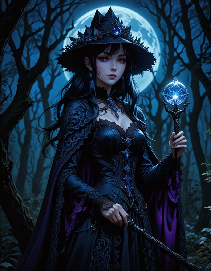 Gothic Anime Sorceress in Moonlit Forest: Digital Illustrati...