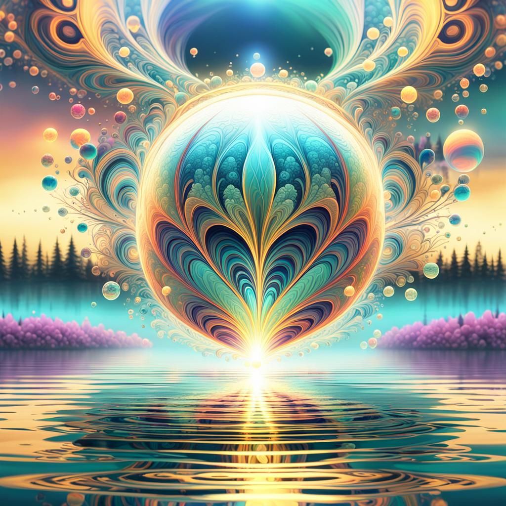 glowing orb over a calm lake, its light reflecting on the wa...