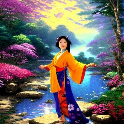 Asian Girl Dancing in Kimono Under Moon