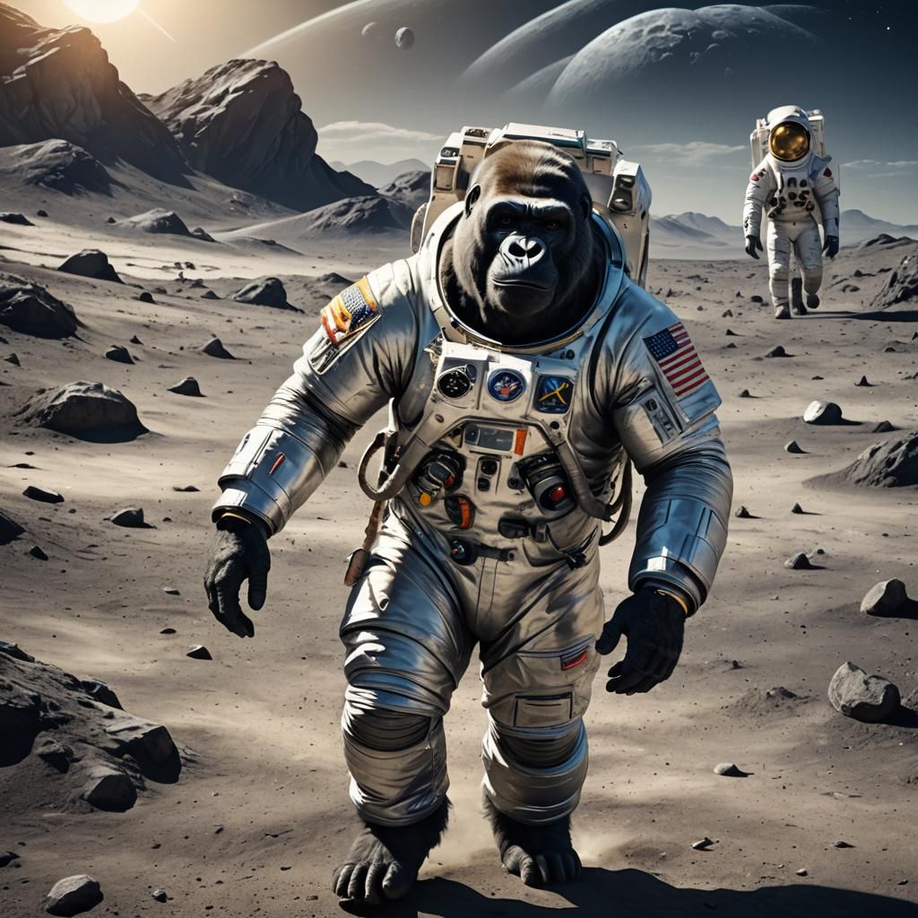 Gorilla Astronaut Shaking Hands with Alien on Moon
