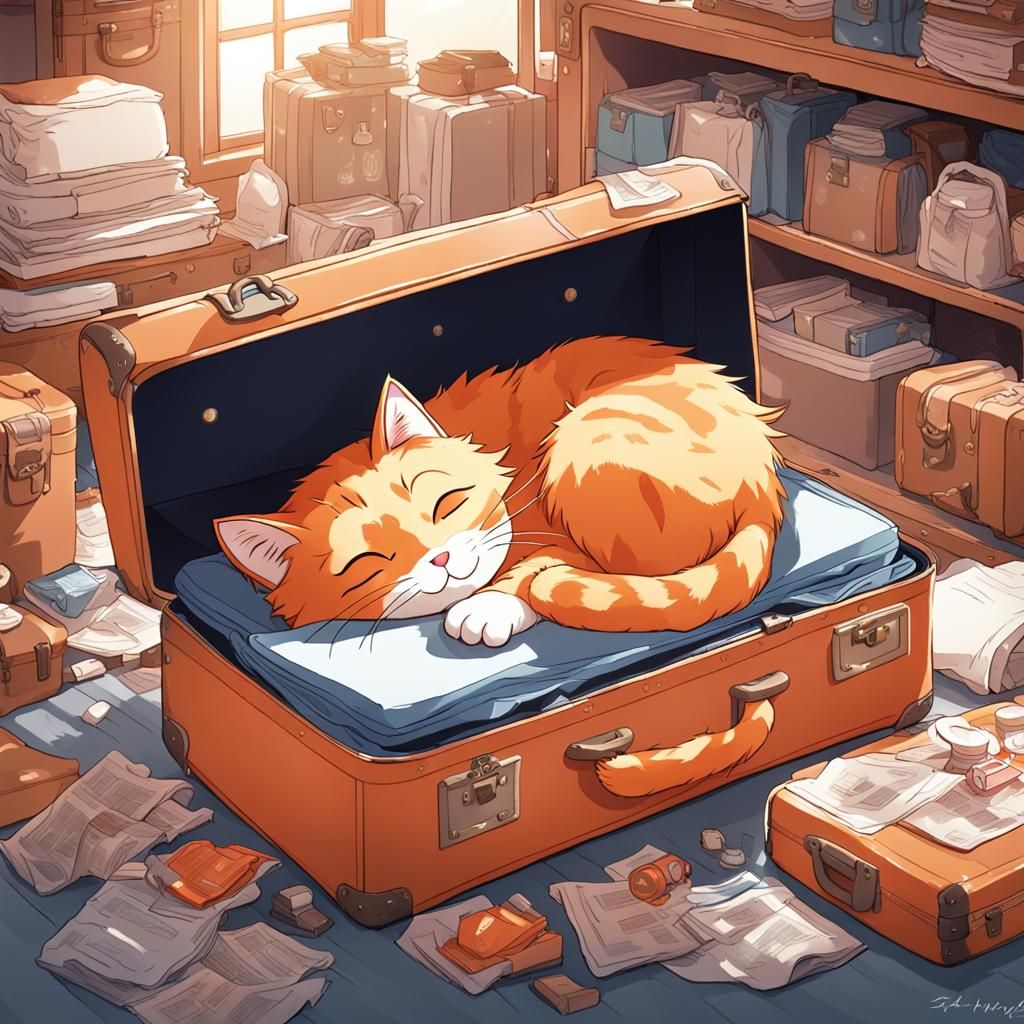 Orange Cat Sleeping: Anime Style Illustration