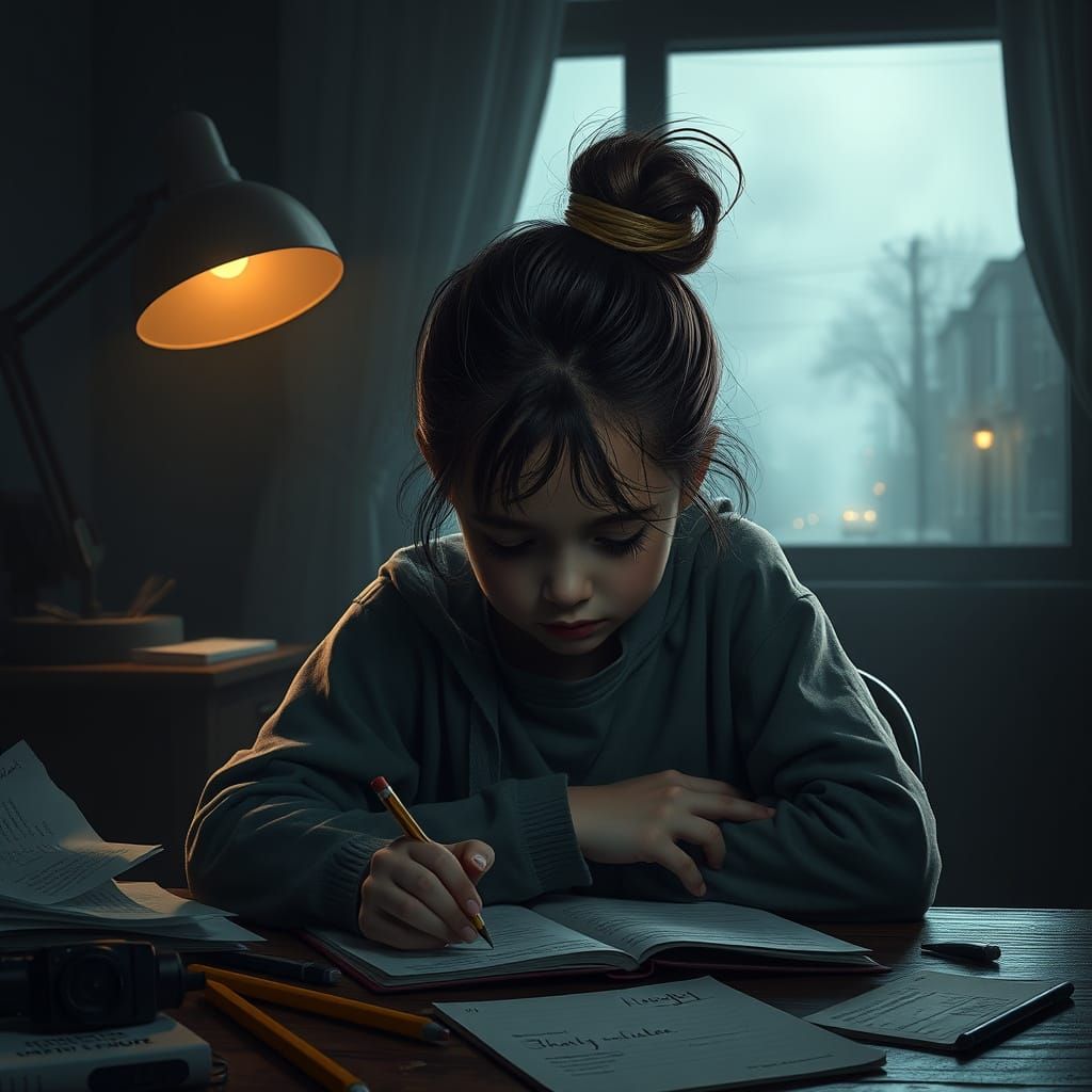 Young Girl Overwhelmed by Homework in a Desolate Street