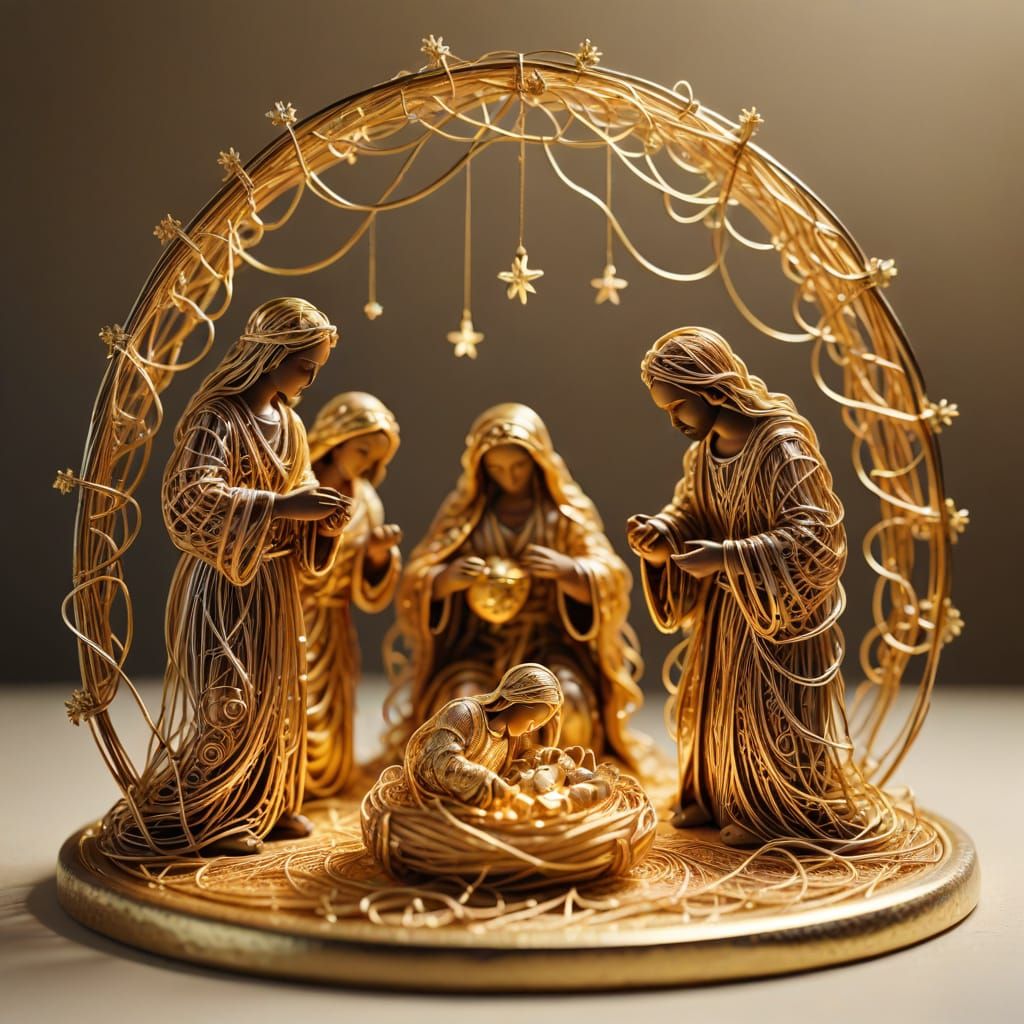 Intricate Wire Art Nativity Scene in Metallic Threads
