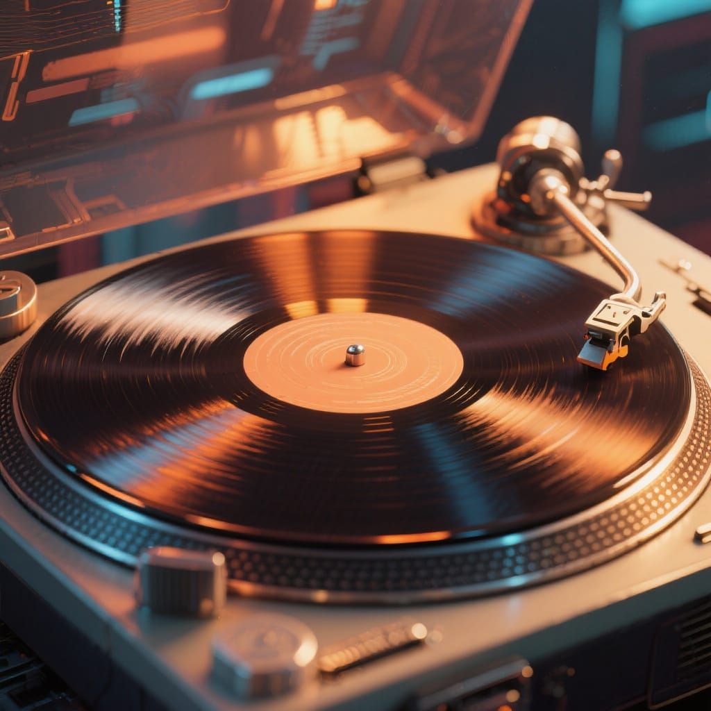 Vinyl Record on Turntable in Retro-Futuristic Style