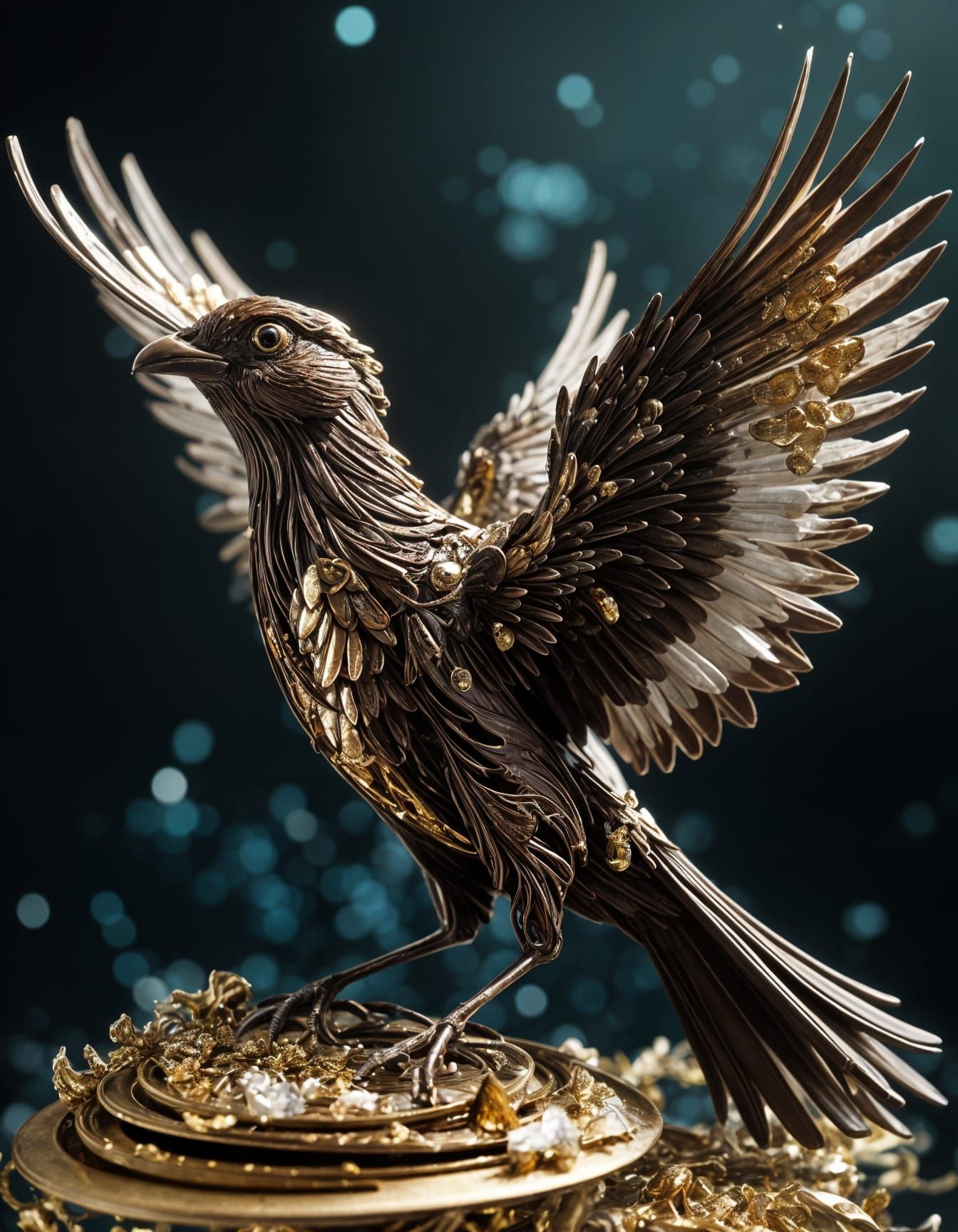 Surreal Chocolate Bird Sculpture, Hyperdetailed Photography