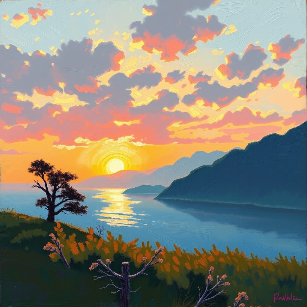Golden Sunset Landscape Inspired by Impressionism