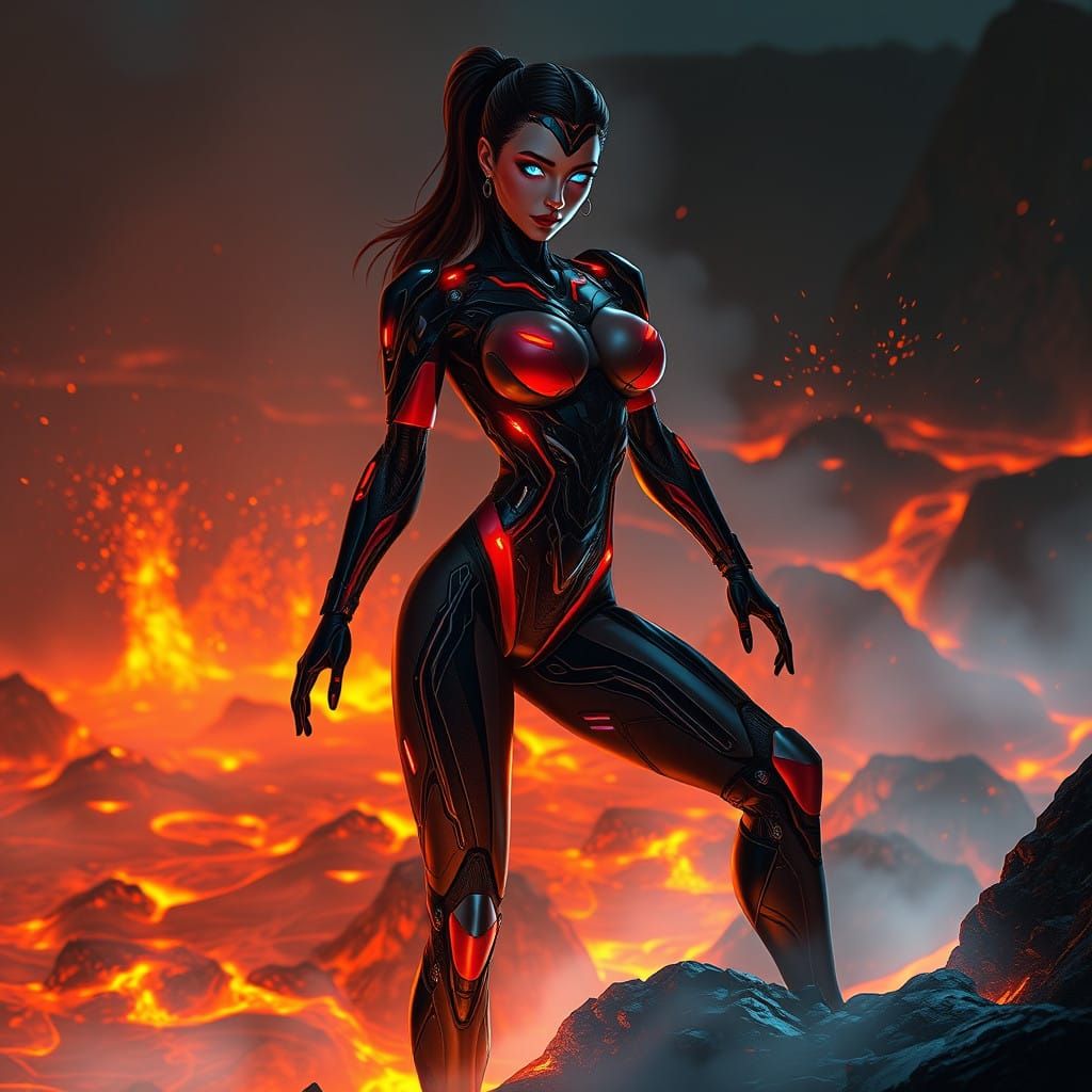 Cyberpunk Cybernetic Goddess Amidst Lava River