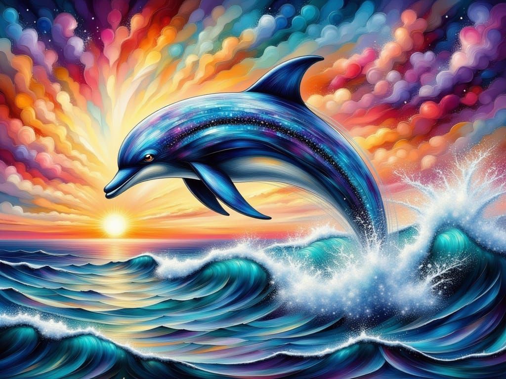 Vibrant Leaping Dolphin in Shimmering Sunset