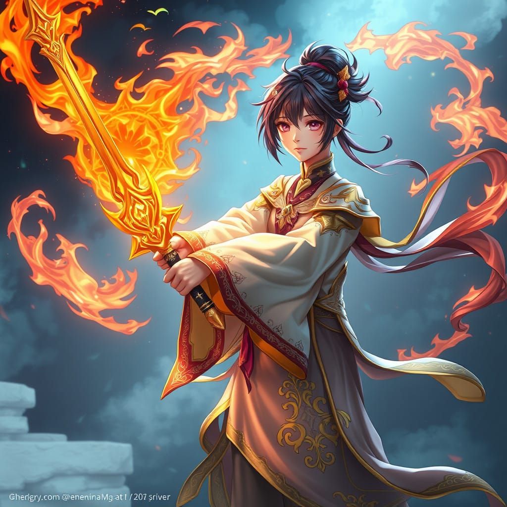 Anime-Inspired Warrior in Vibrant Flames
