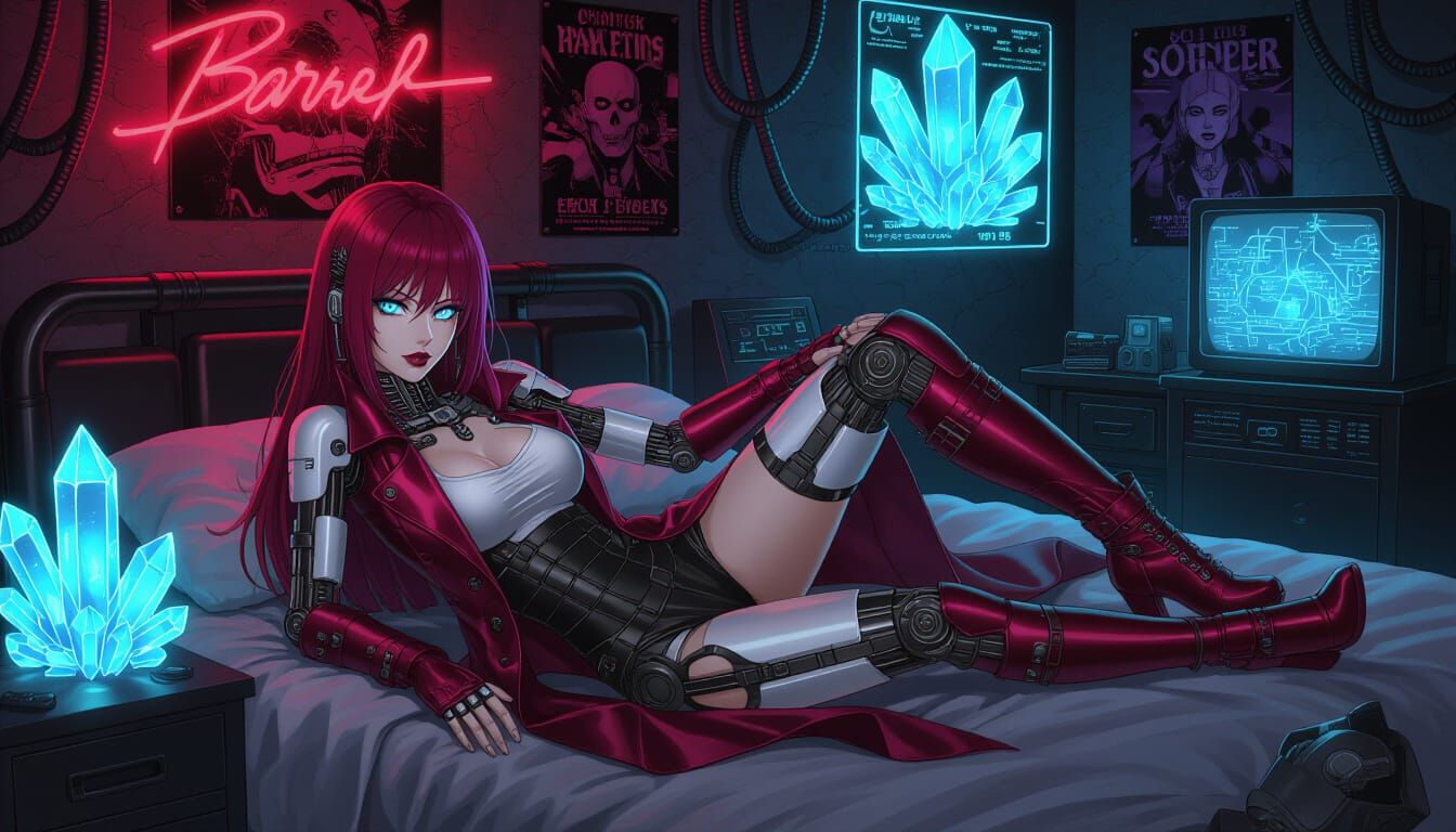 Biomechanical Woman with Ruby Hair in Cybernetic Bedroom
