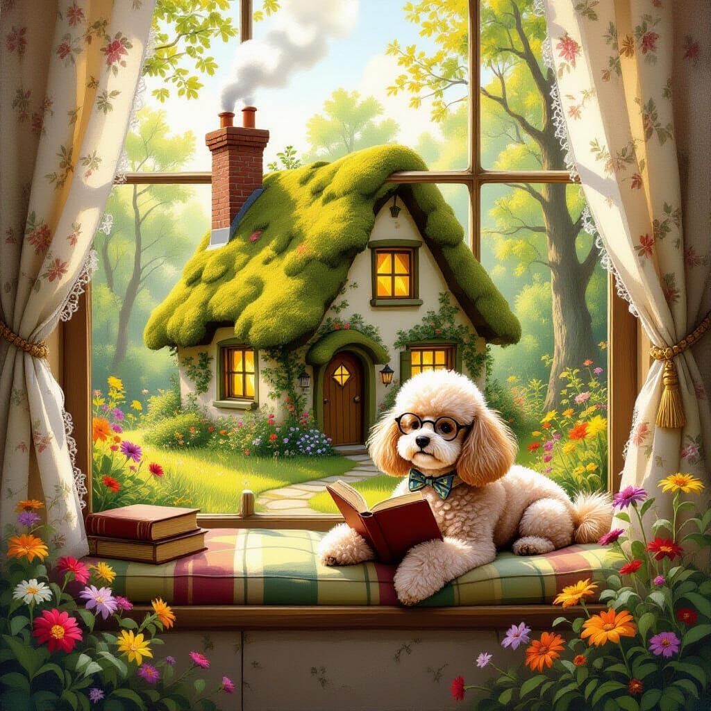 Cozy Cottage Reading Nook with Poodle