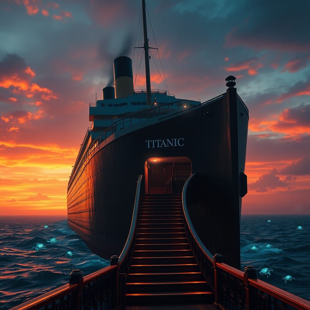 Titanic in Fiery Sunset, Dreamlike Atmosphere