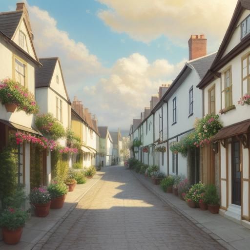 Charming English Shop on Quaint Street, Impressionist Style