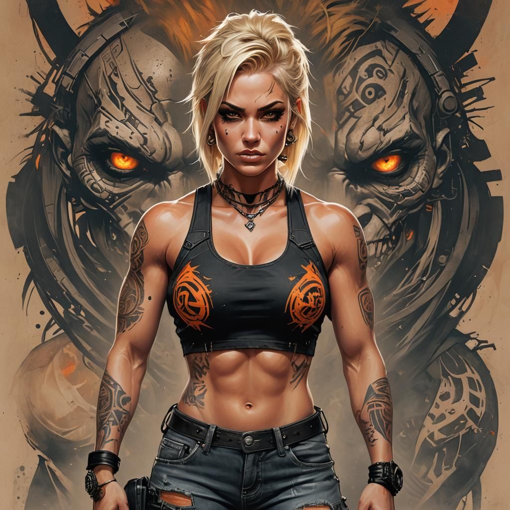 Post-Apocalyptic Bodybuilder Girl: Detailed Acrylic Painting