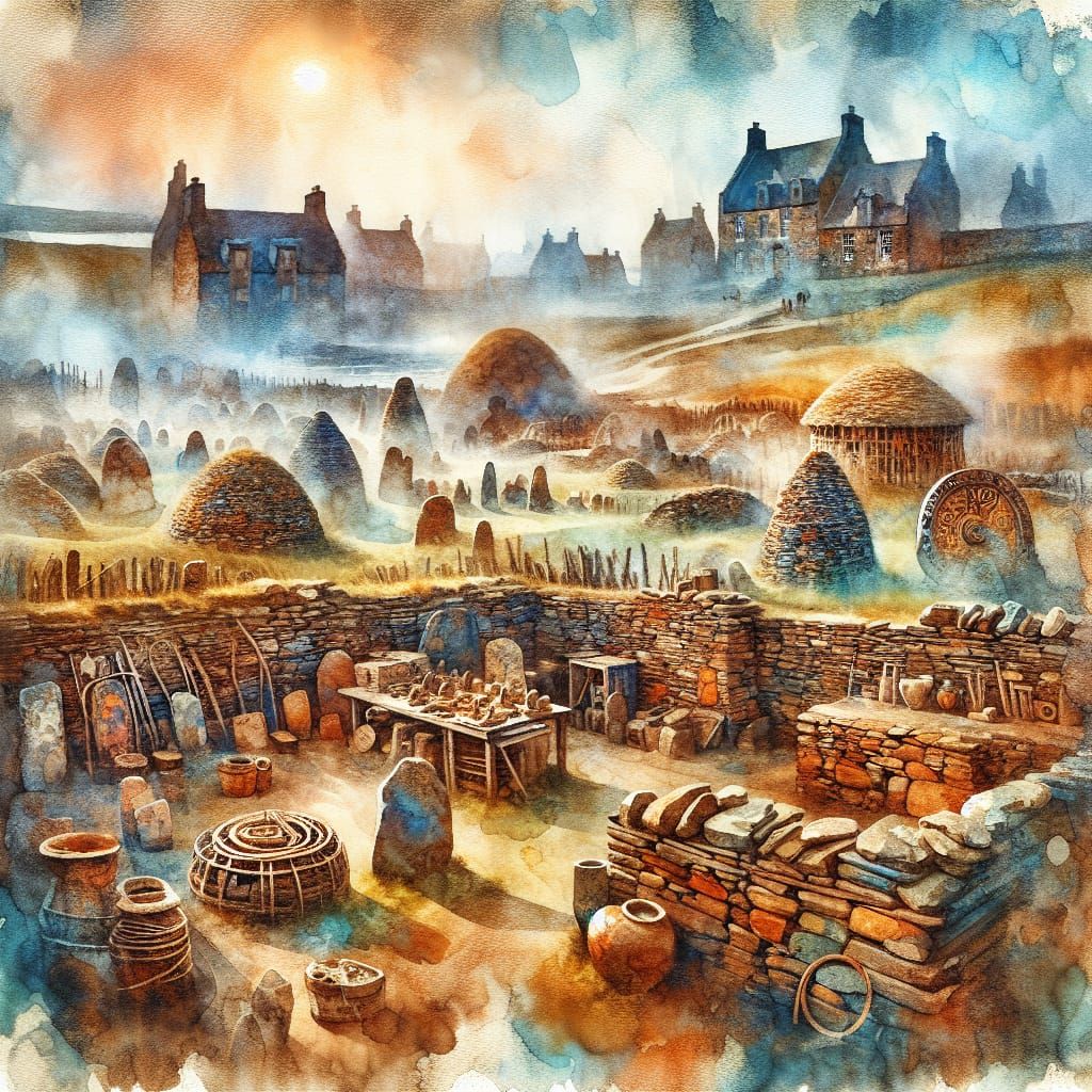 Jarlshof Archaeological Site: Impressionistic Watercolor Pai...