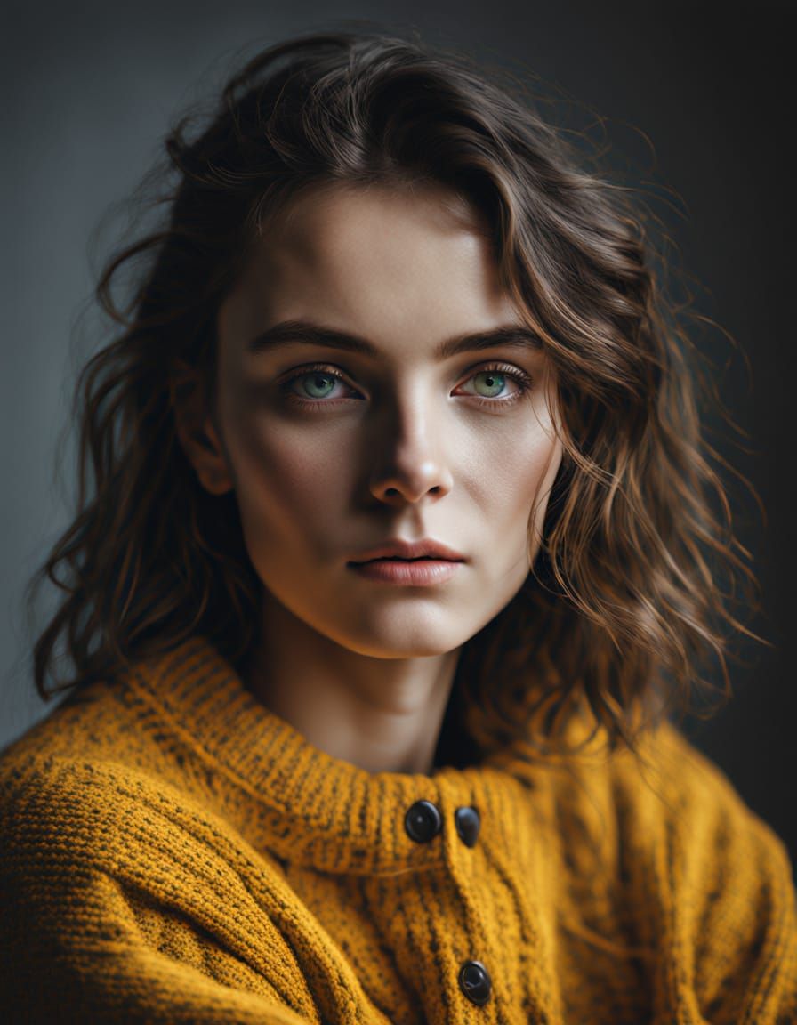 Young Woman with Blonde Pigtails in Yellow Cardigan