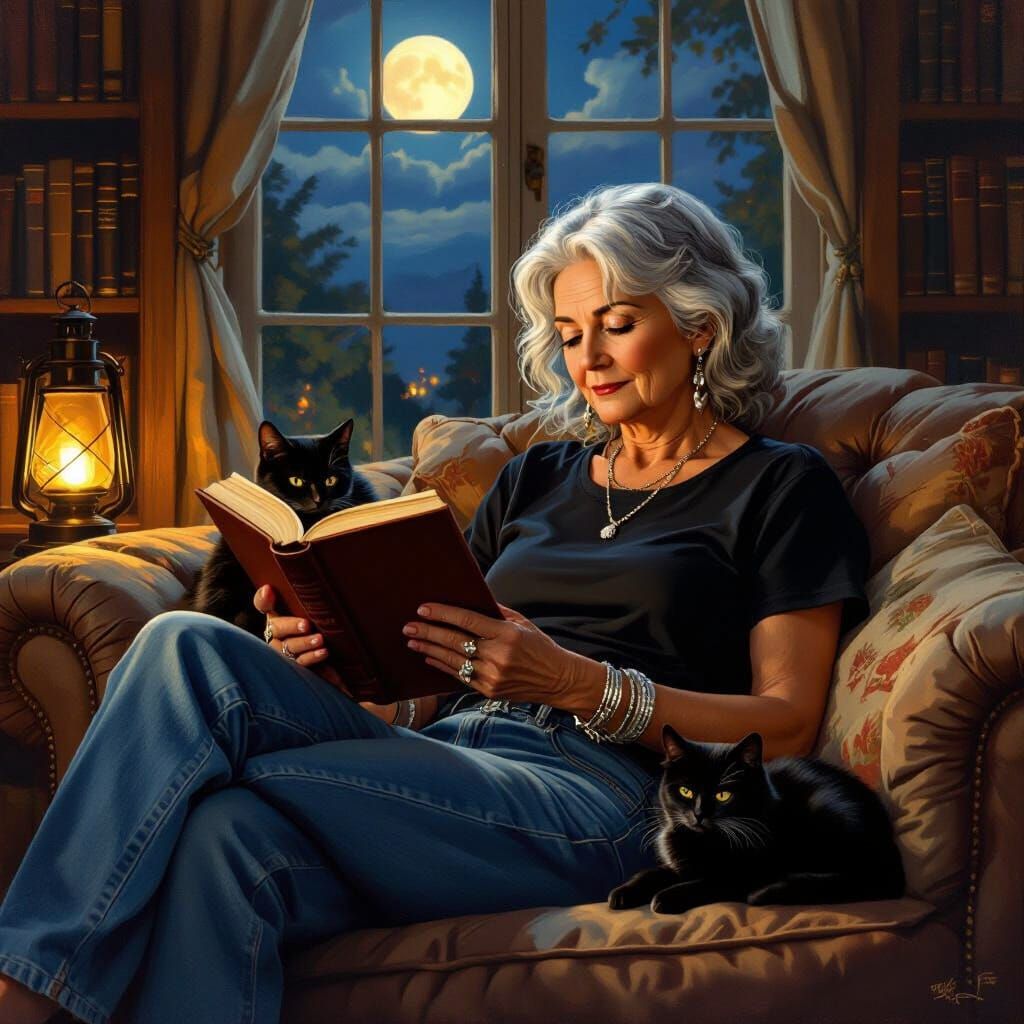 Cozy Greek Woman Reading, in Norman Rockwell Style