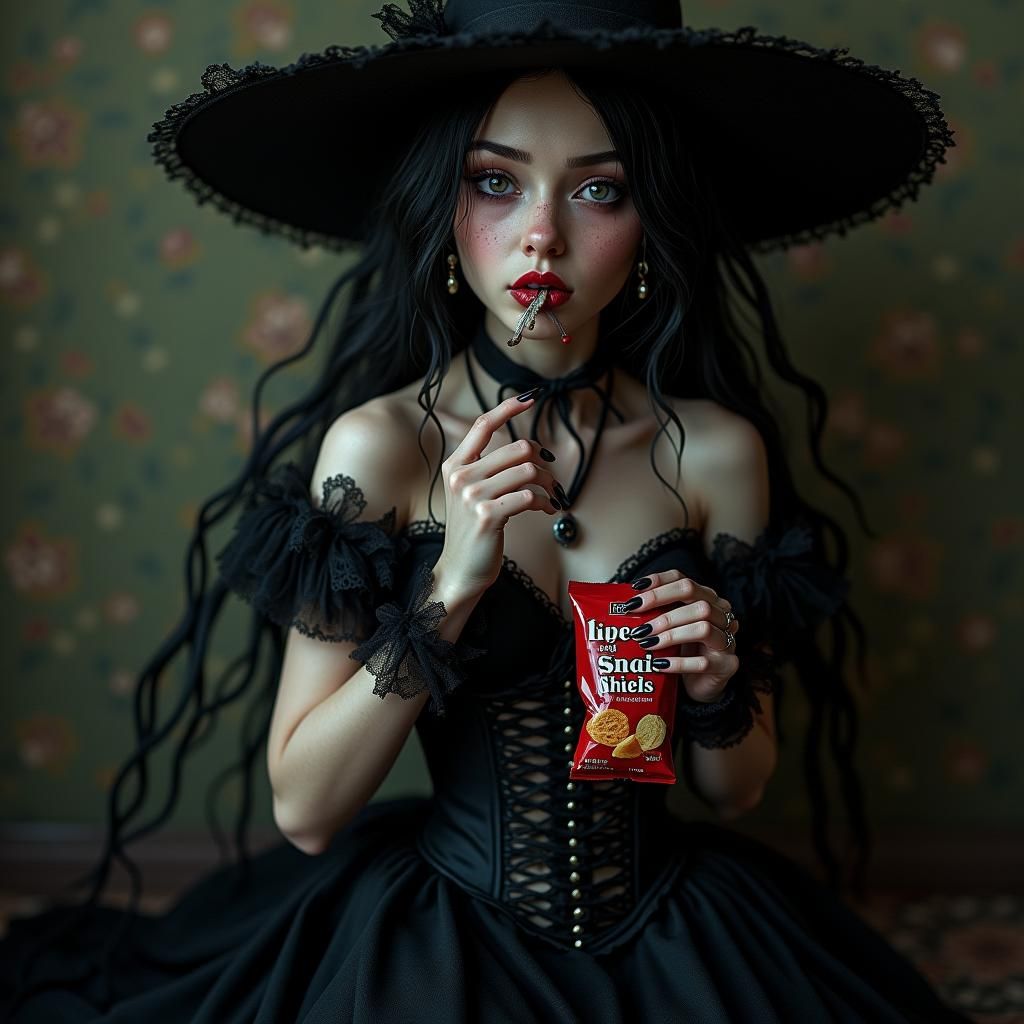 Gothic Witch Eating Chips in Digital Art Style
