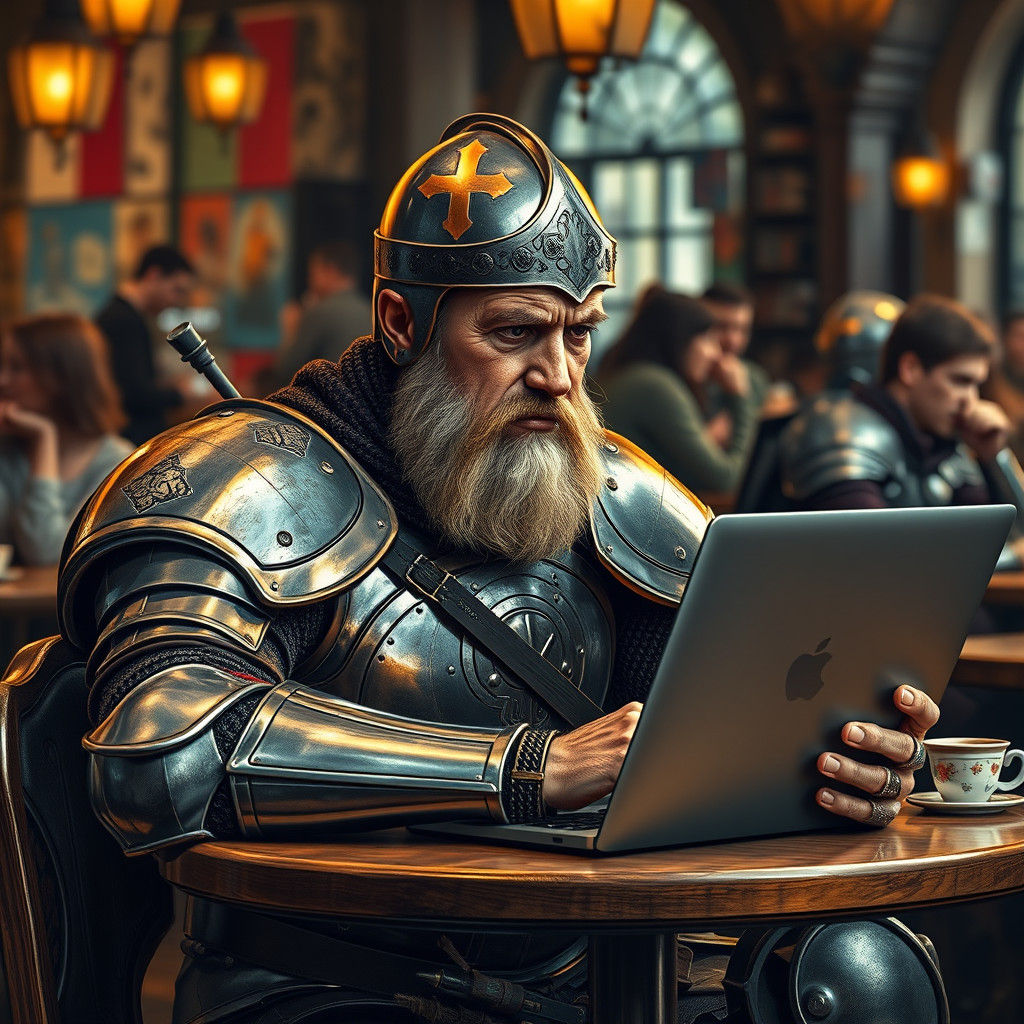 Knight in Shining Armor Uses Laptop at Cafe