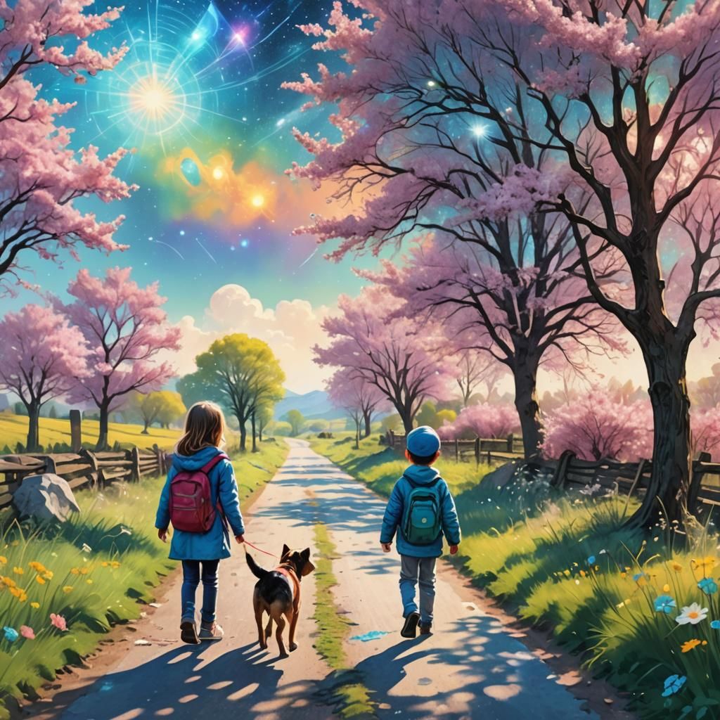 Child and Dog on Spring Road, Astral Illustration