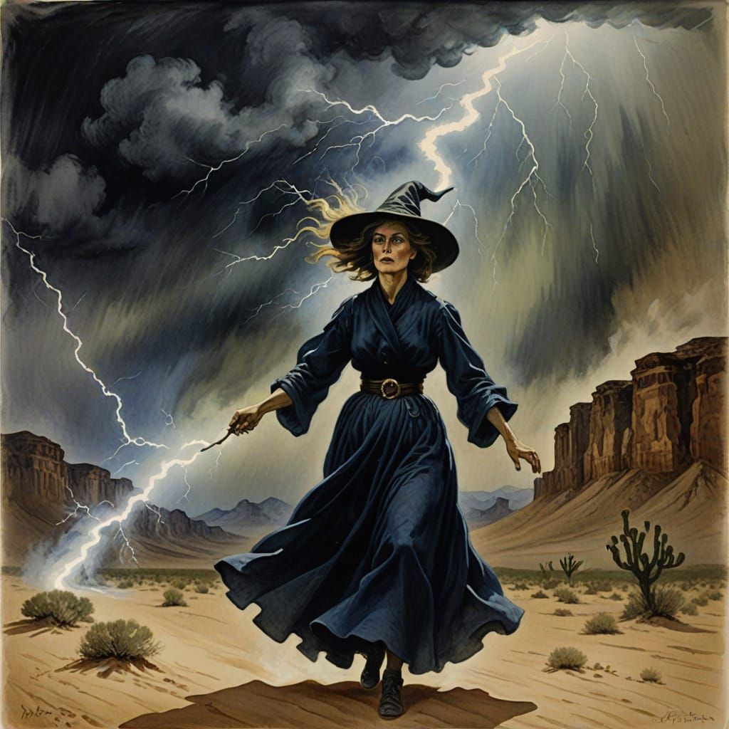 Ethereal Witch Amidst Stormy Desert Landscape in Expressioni...