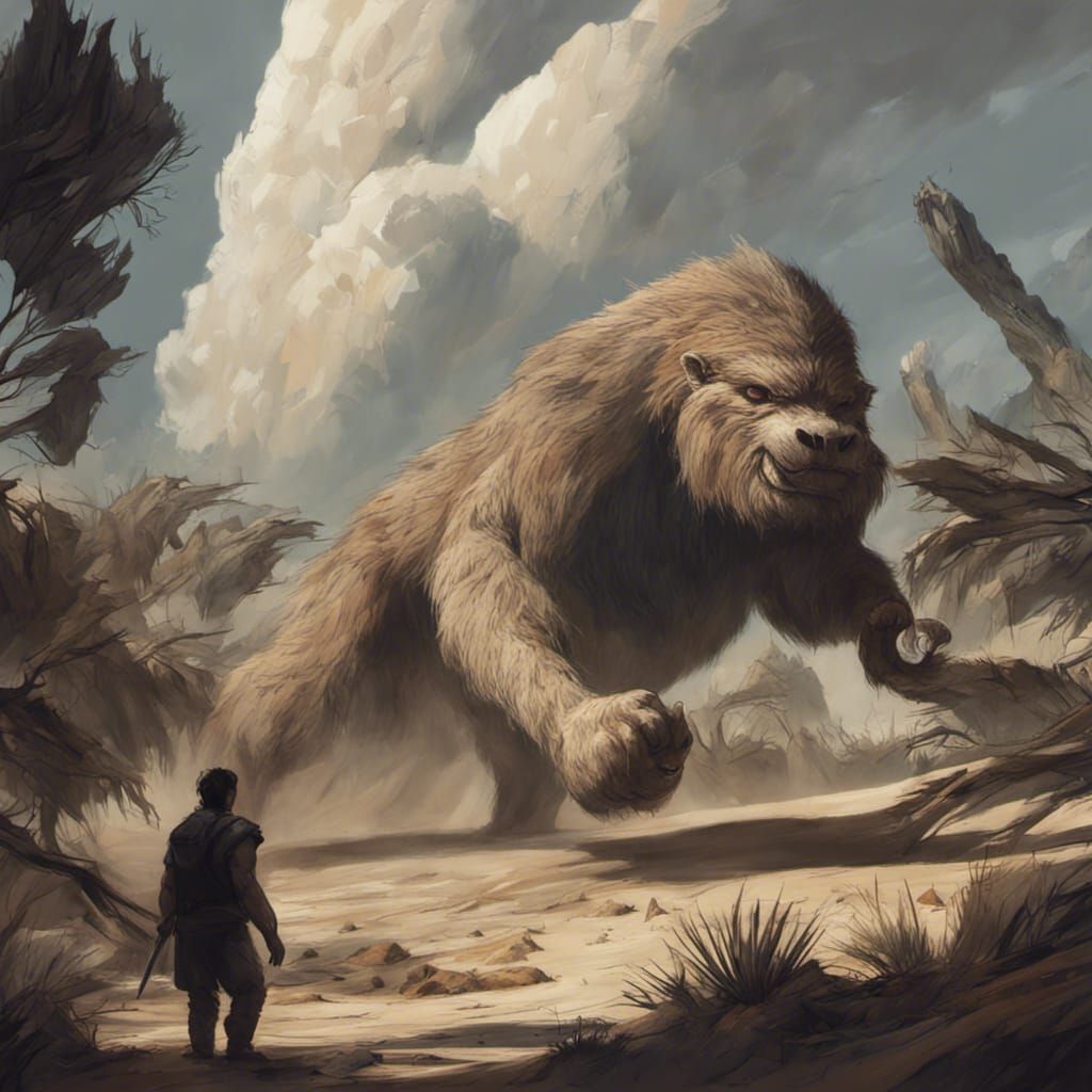 An enormous hairy beast stands in the middle of a dune in the background there is a meteorite approaching