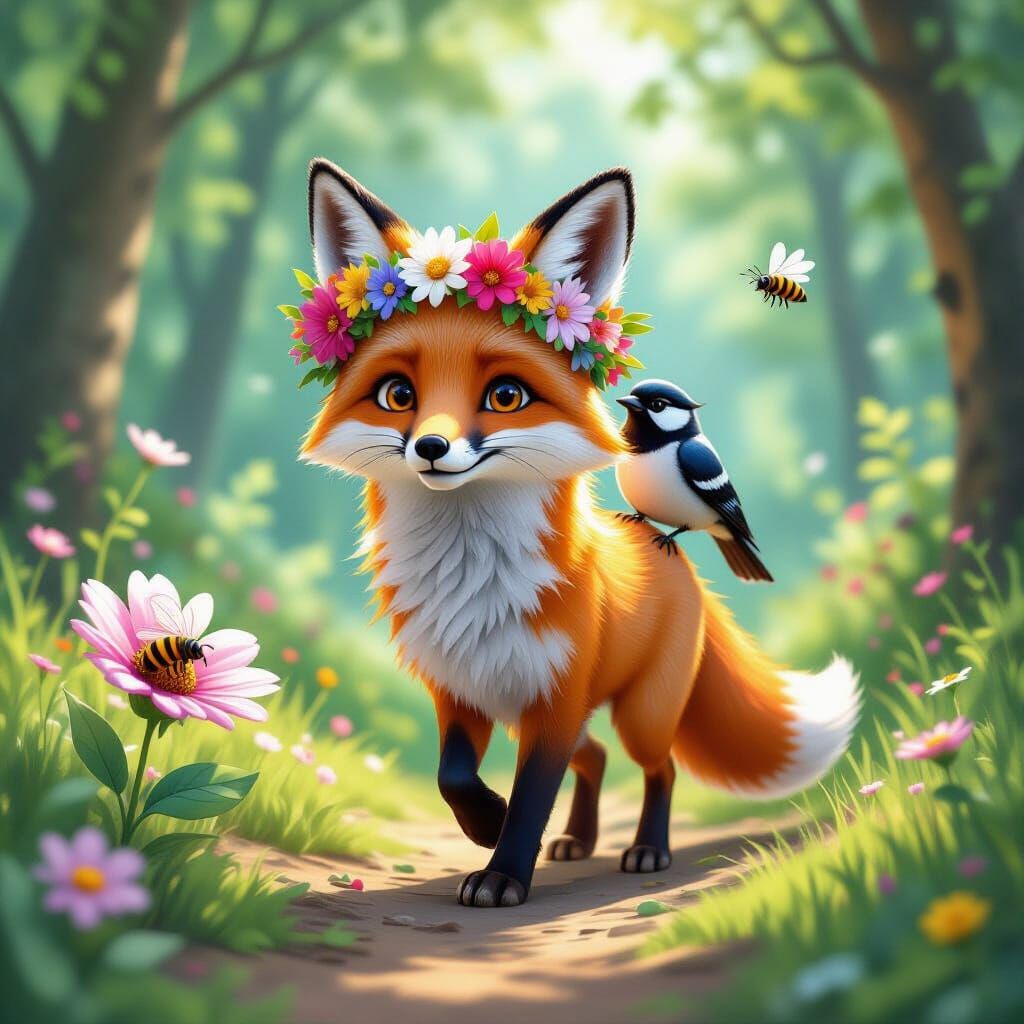 Fox and Magpie in Watercolor Forest