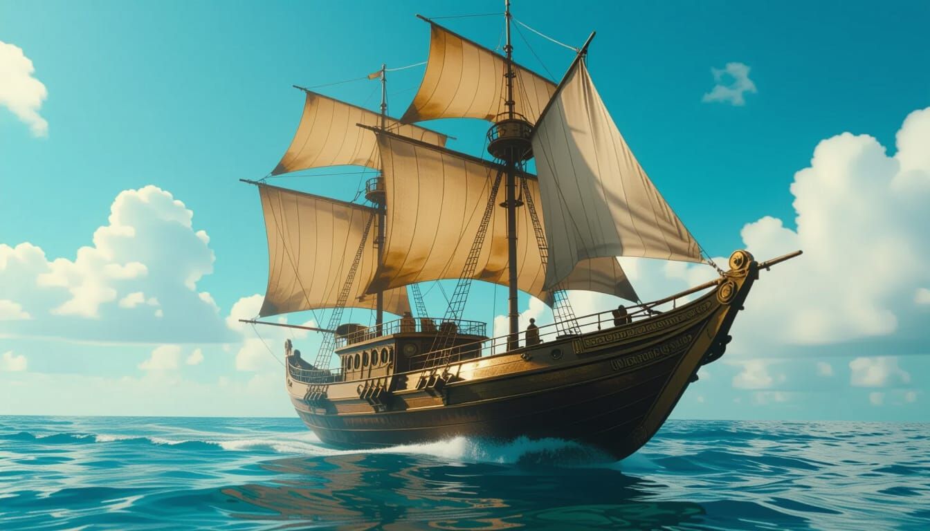 Steampunk Flying Boat Amidst Clouds