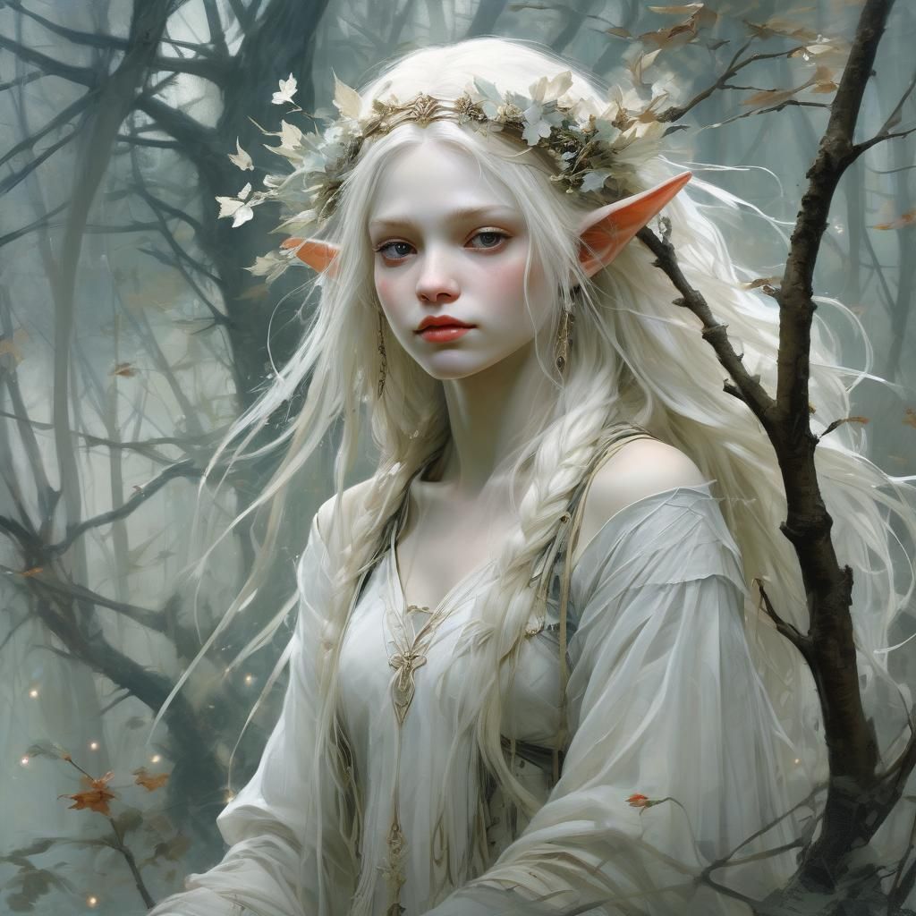 Romantic Fantasy Albino Elf in Whimsical Landscapes