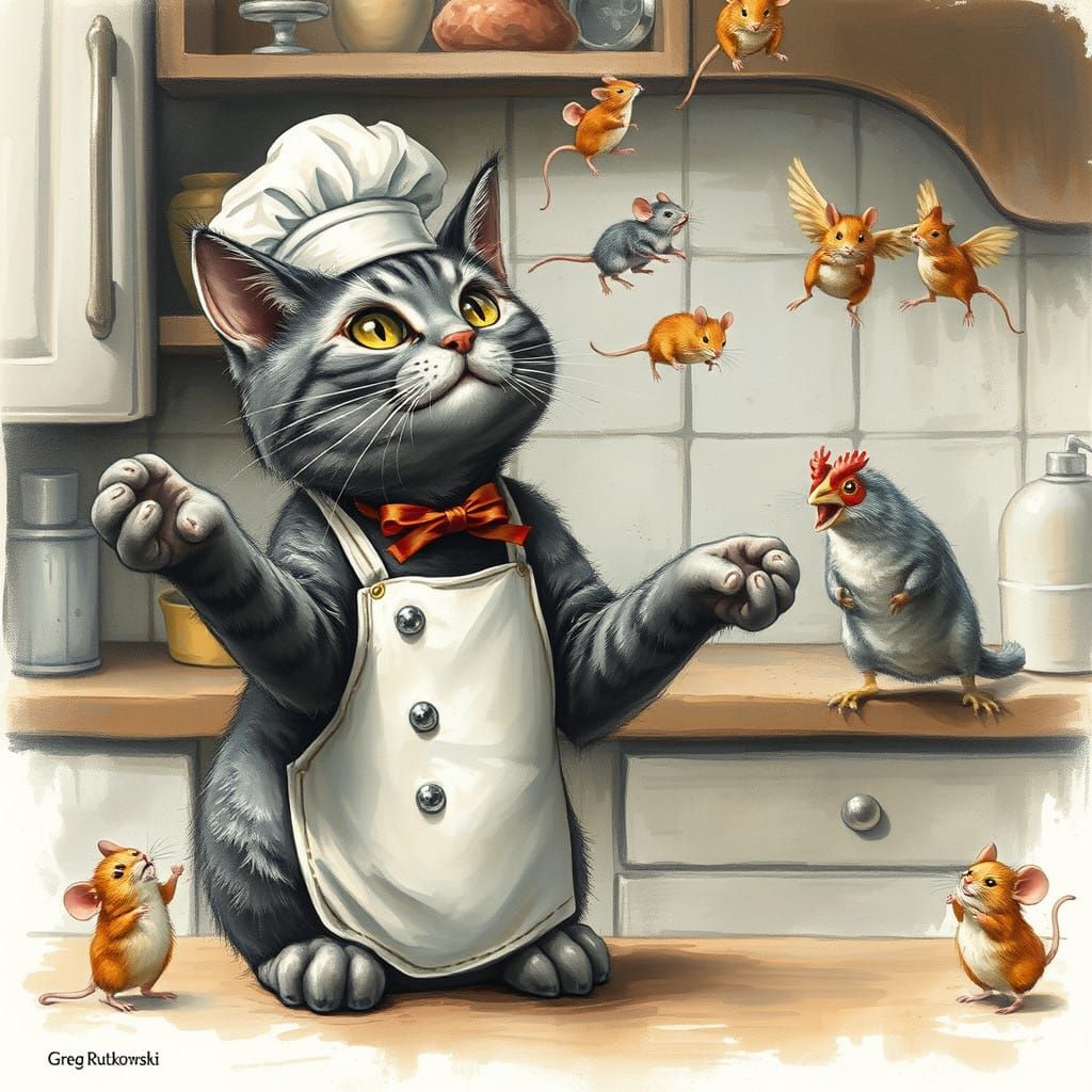 Whimsical Feline Chef Juggler in a Vibrant Kitchen Wonderlan...