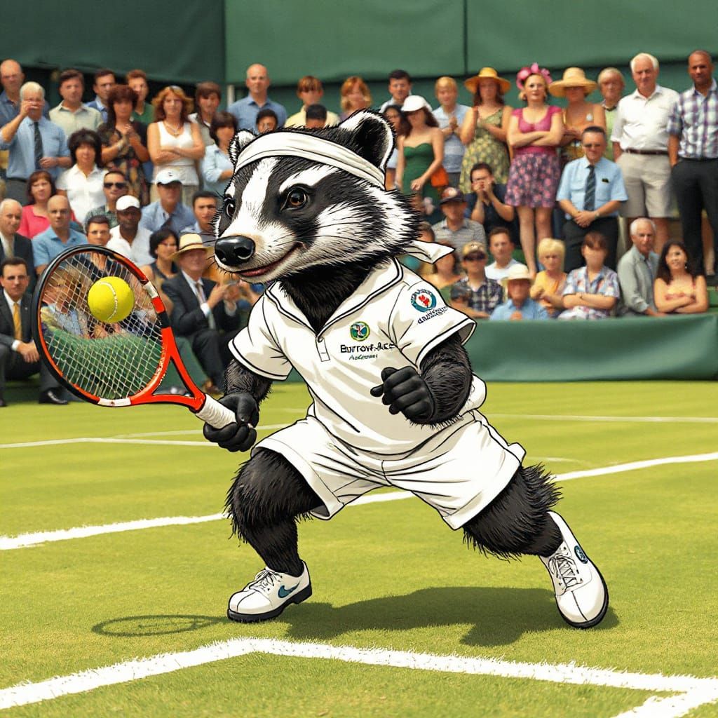Badger Returns Serve at Wimbledon in Comic Art Style
