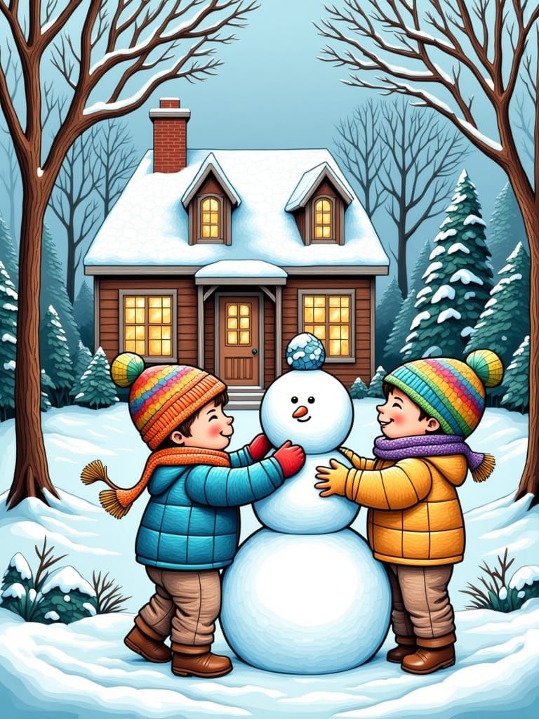 Children Building Snowman in Papercut Style Winter Scene