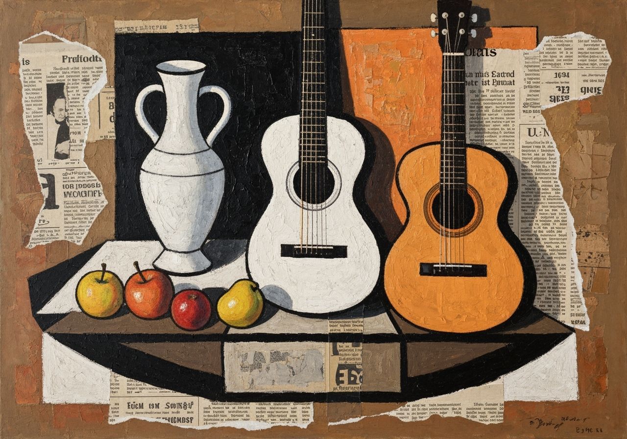 Cubist Still Life with Guitar, Fruit, and Collage Elements