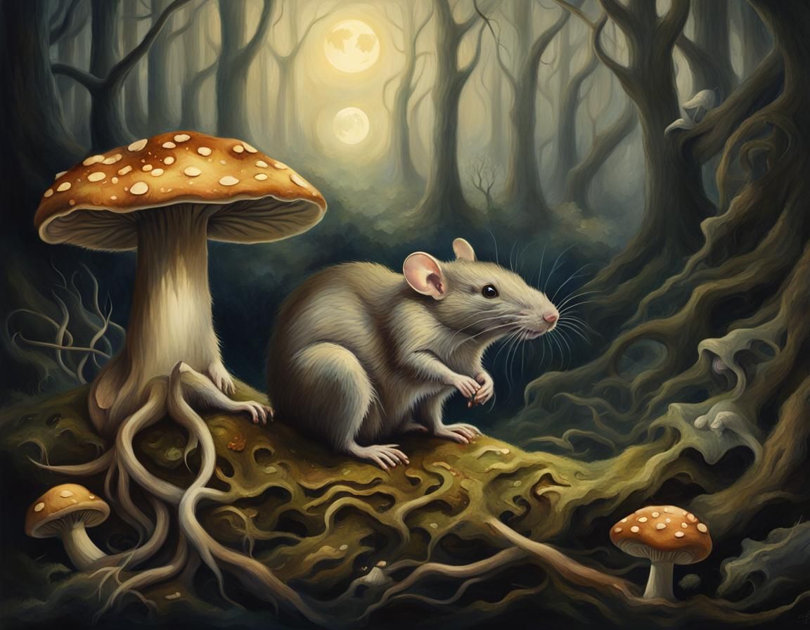 Rat on Mushroom: Sfumato Tenebrism Painting