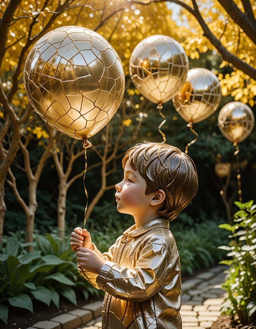 Kintsugi Child with Balloons in Golden Light