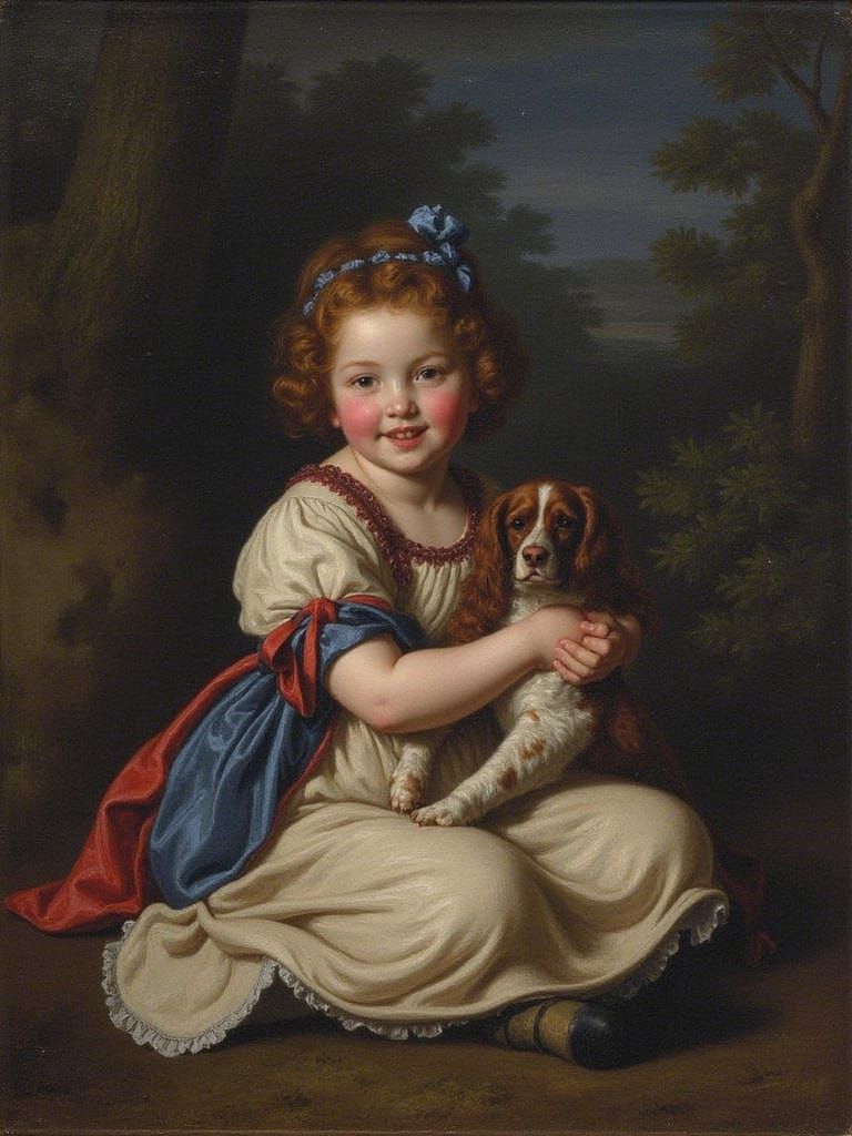 Young Girl with Spaniel in Oil Painting Style