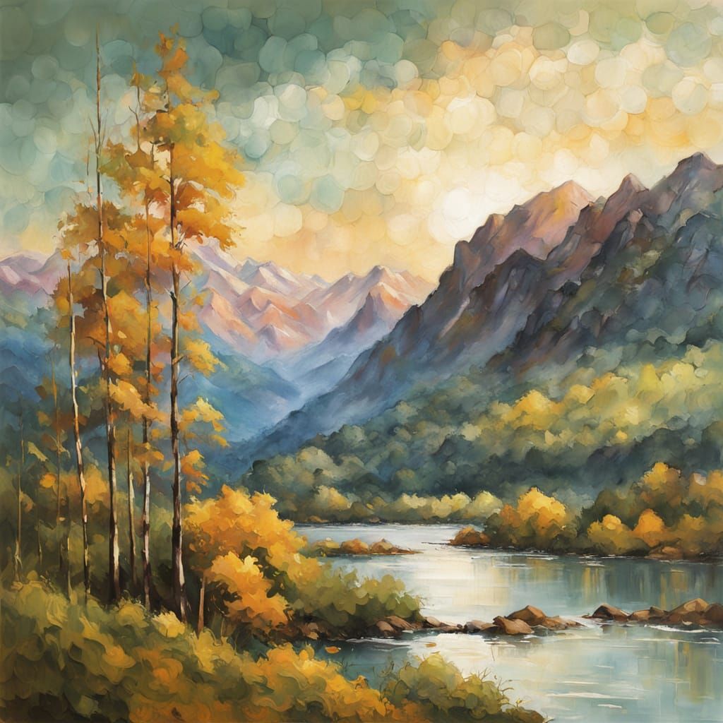 Impressionist Mountain Range Painting at Sunrise in Gouache ...