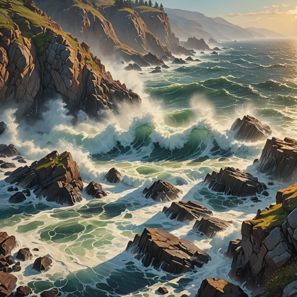 Dramatic Rocky Coastline in Soft Pastel Colors