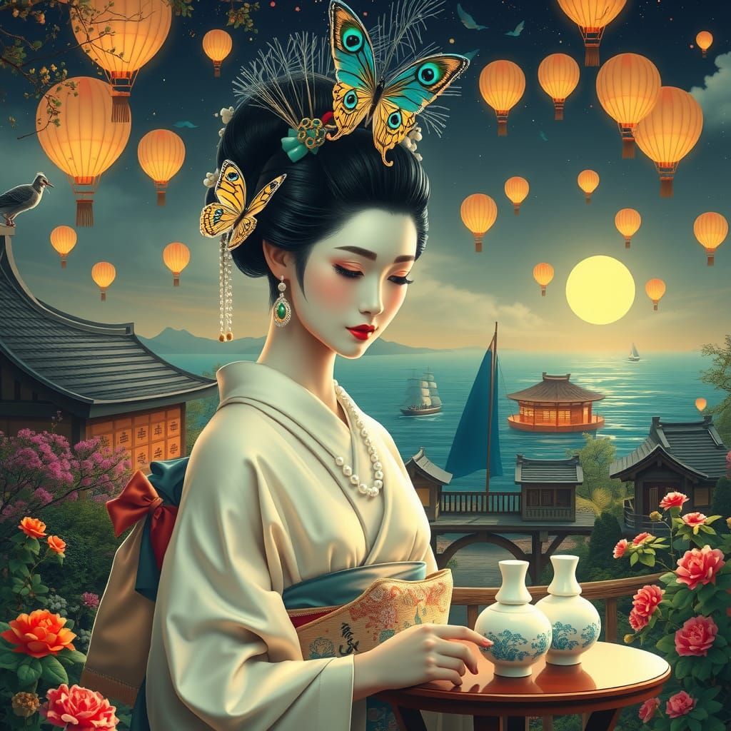 Geisha in Japanese Garden with Hot Air Balloons