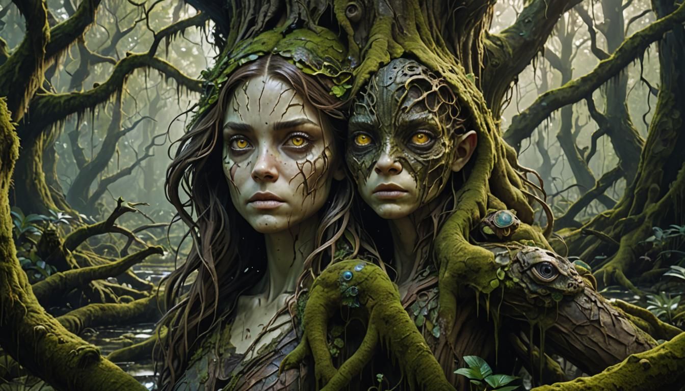 Haunting Swamp Tree Carving of Woman: Hyperrealistic Art