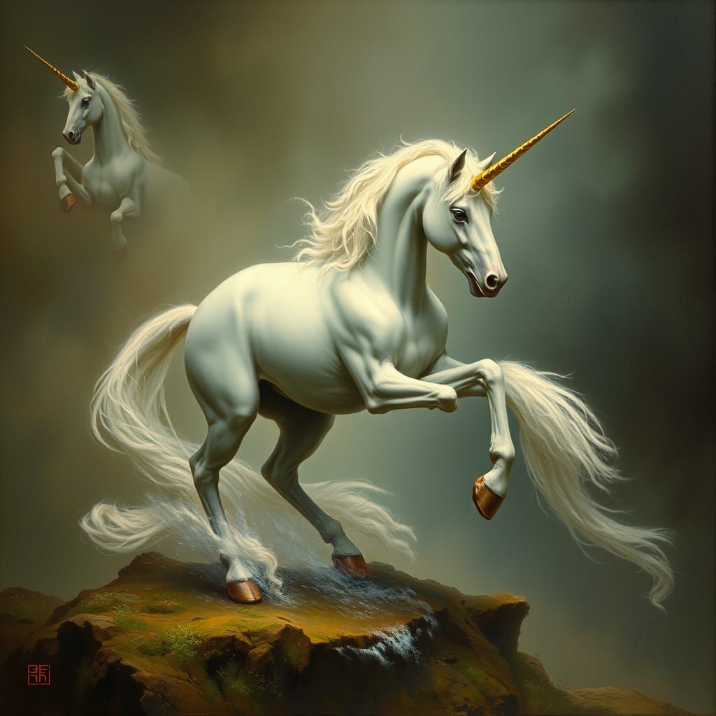 BLOOPER-No Hoof - REALISM, MYTHICAL painting, with the MYTHICAL CREATURE, a hybrid unicorn-pegusus,in JAMES WILLIAM WATE...