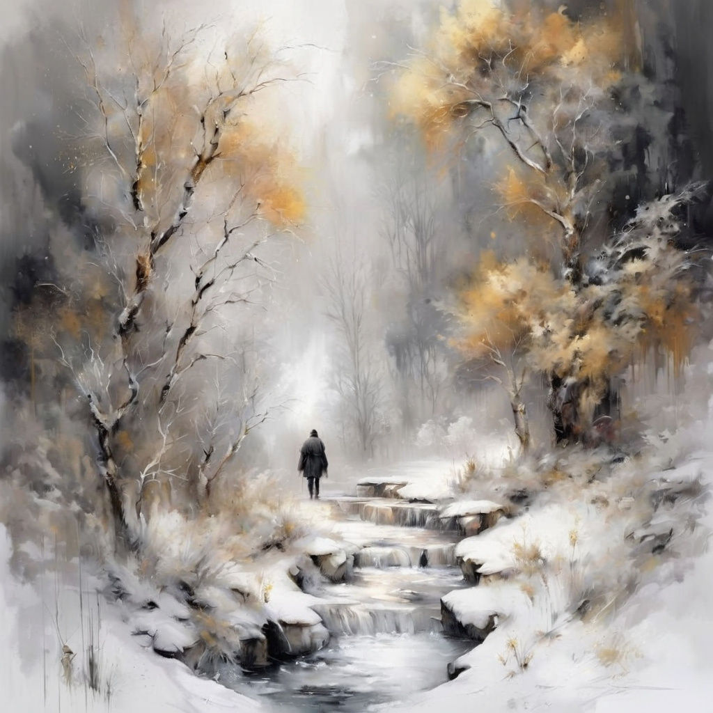 Walking along the riverbank. A beautiful winter landscape, in black, white, and gold.