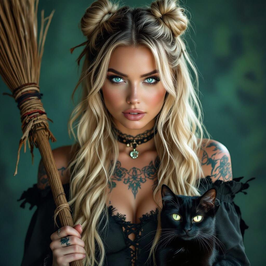 Tattooed Witch Woman With Blonde Hair And Black Cat