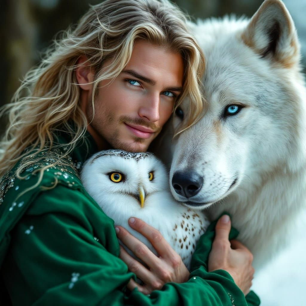 Godlike Man with Owl and Wolf: Photorealistic Portrait
