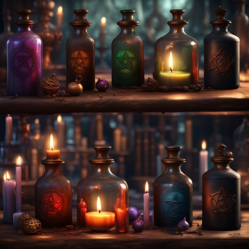 Fantastical Potion Bottles, Spell Books, and Black Cat