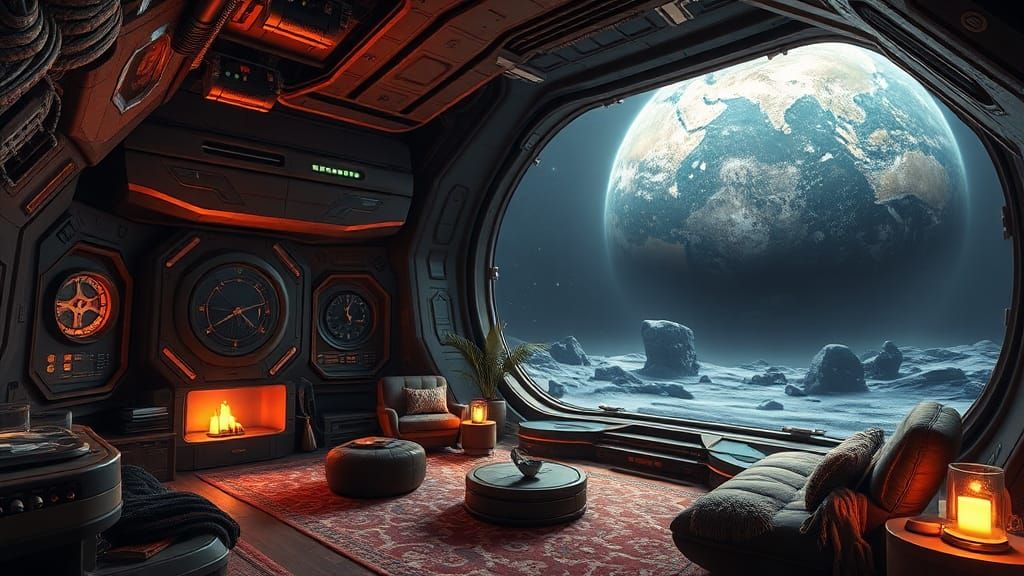 Futuristic Space Colony Living Room on Earth-like Moon