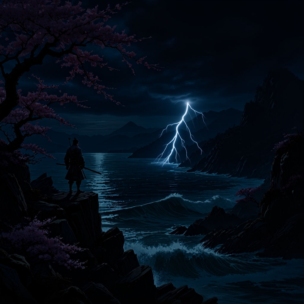 Samurai on Windswept Cliff in Sumi-e Style