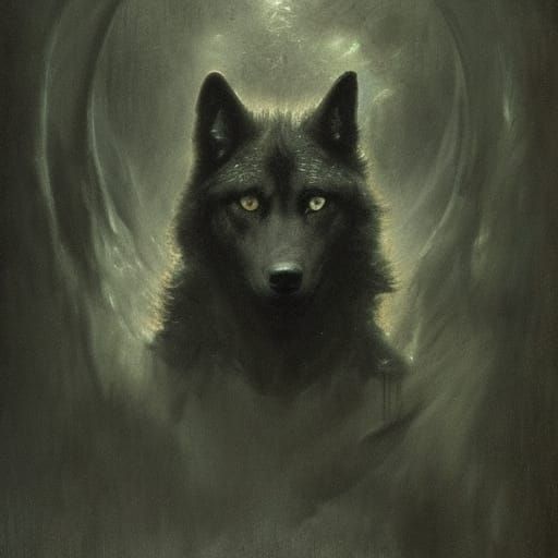 Black Wolf with Green Eyes in Horror Style