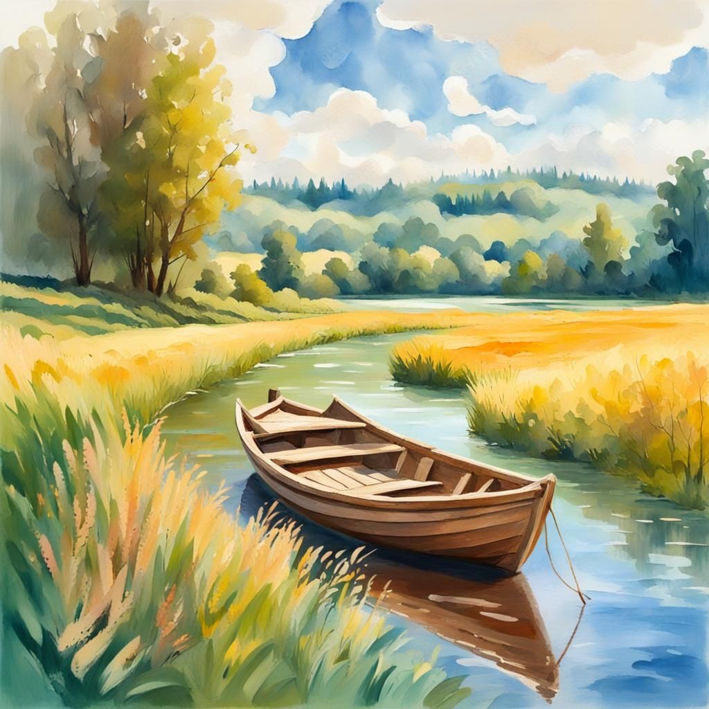 Picturesque River Scene in Gouache Style